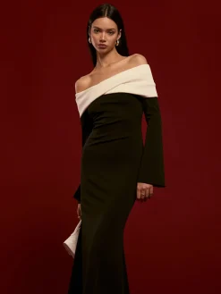 Off-Shoulder Ruched Bell-Sleeve Dress