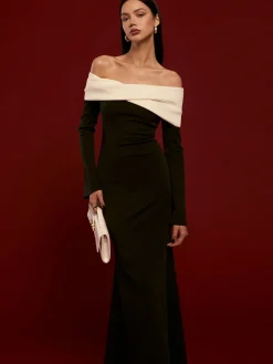 Off-Shoulder Ruched Bell-Sleeve Dress