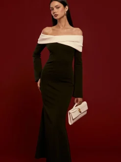 Off-Shoulder Ruched Bell-Sleeve Dress