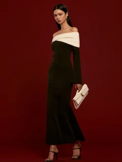 Off-Shoulder Ruched Bell-Sleeve Dress