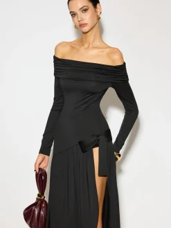 Off-Shoulder Ruched Bow Split Dress