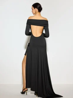 Off-Shoulder Ruched Bow Split Dress