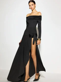 Off-Shoulder Ruched Bow Split Dress