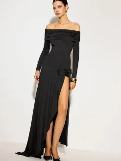 Off-Shoulder Ruched Bow Split Dress