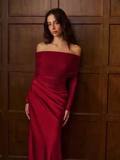 Off-Shoulder Ruched Satin Panel Dress