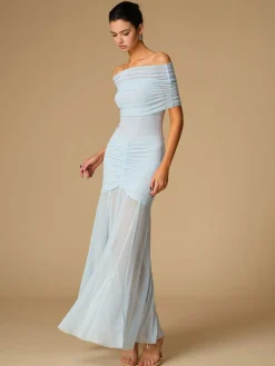 Off-Shoulder Ruched Semi-Sheer Dress