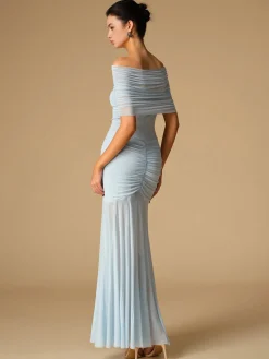 Off-Shoulder Ruched Semi-Sheer Dress