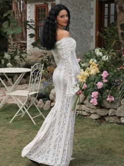 Off-Shoulder Ruffle-Cuff Lace Long Dress