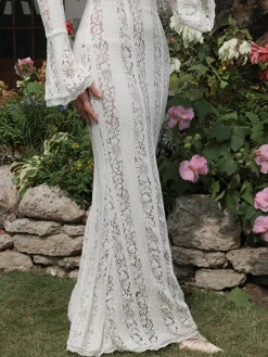Off-Shoulder Ruffle-Cuff Lace Long Dress