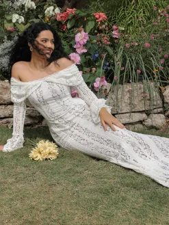 Off-Shoulder Ruffle-Cuff Lace Long Dress