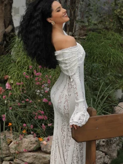 Off-Shoulder Ruffle-Cuff Lace Long Dress