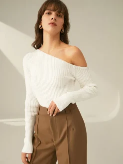 One Shoulder Long Sleeve Ribbed Pullover Sweater