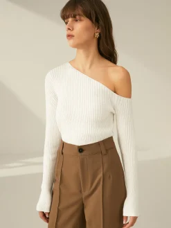 One Shoulder Long Sleeve Ribbed Pullover Sweater