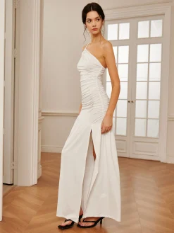 One Shoulder Pleated Split Long Dress