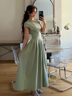 One Shoulder Pleated Split Long Dress