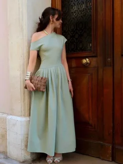 One Shoulder Pleated Split Long Dress