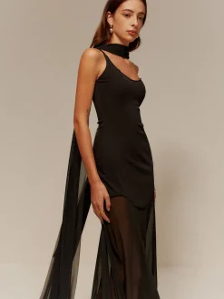 One Strap Long-Ribbon Chiffon Dress