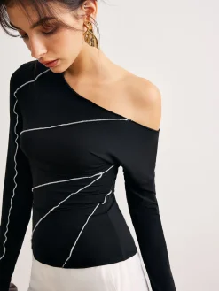 One-Shoulder Contrast Piping Skinny Blouse