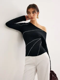 One-Shoulder Contrast Piping Skinny Blouse