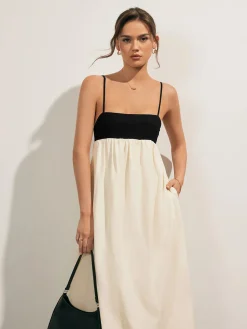 Open Back Contrast Pocket Long Dress