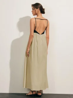 Open Back Contrast Pocket Long Dress