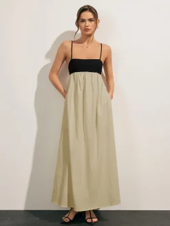 Open Back Contrast Pocket Long Dress