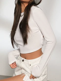 Open Back Twist Long Sleeve Crop Shirt