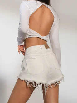 Open Back Twist Long Sleeve Crop Shirt
