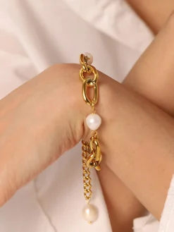 Oval Pearl Golden Chain Bracelet