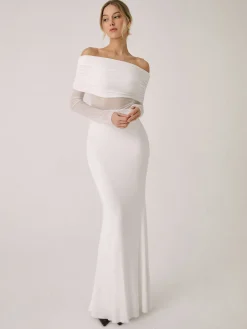 Overfold Off-Shoulder Mesh Long Sleeve Long Dress
