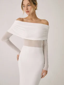 Overfold Off-Shoulder Mesh Long Sleeve Long Dress