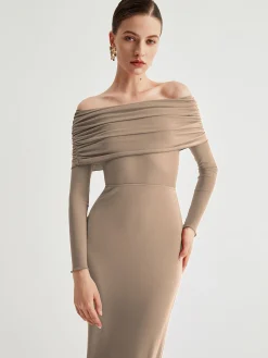 Overfold Off-Shoulder Mesh Long Sleeve Long Dress