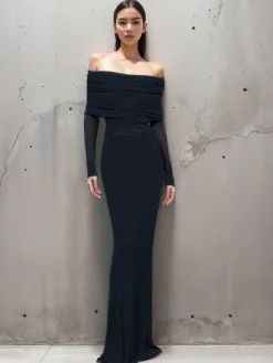 Overfold Off-Shoulder Mesh Long Sleeve Long Dress
