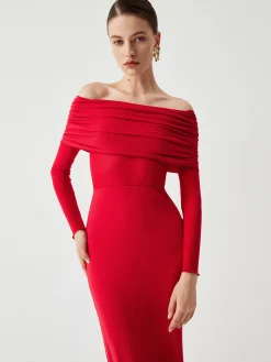 Overfold Off-Shoulder Mesh Long Sleeve Long Dress