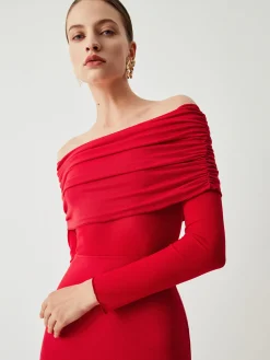Overfold Off-Shoulder Mesh Long Sleeve Long Dress