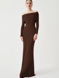 Overfold Off-Shoulder Mesh Long Sleeve Long Dress