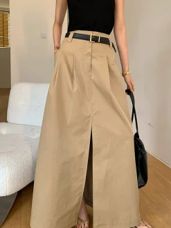 Oversized Cotton Split Maxi Skirt Without Belt