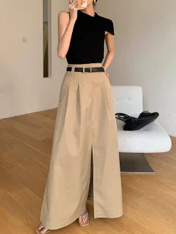 Oversized Cotton Split Maxi Skirt Without Belt