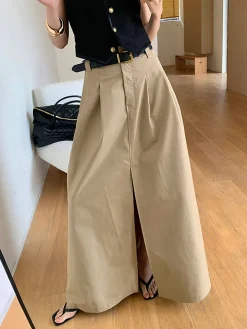 Oversized Cotton Split Maxi Skirt Without Belt