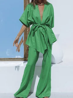 Oversized Linen Tied Two Piece Pants Set
