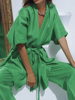 Oversized Linen Tied Two Piece Pants Set