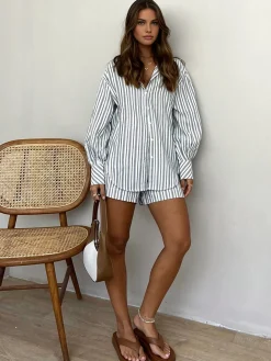 Oversized Striped Pockets Casual Shorts Set