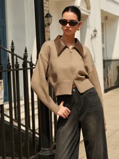 Panel Neck Double-Zip Crop Cardigan