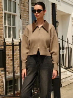 Panel Neck Double-Zip Crop Cardigan