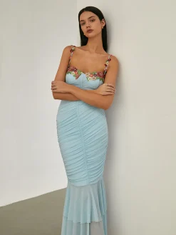 Paradise Flower Trim Pleated Mermaid Long Dress