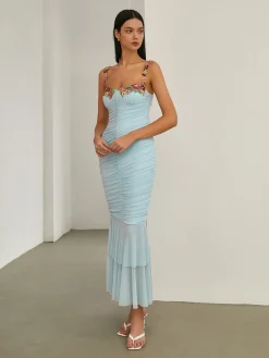 Paradise Flower Trim Pleated Mermaid Long Dress