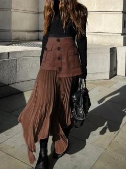 Patchwork Asymmetrical Pleated Buttoned Midi Skirt
