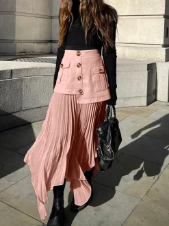 Patchwork Asymmetrical Pleated Buttoned Midi Skirt