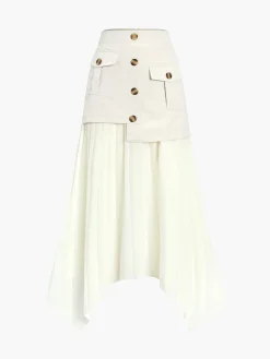 Patchwork Asymmetrical Pleated Buttoned Midi Skirt