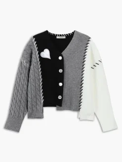 Patchwork Cable Knit Contrast Stitch Cardigan